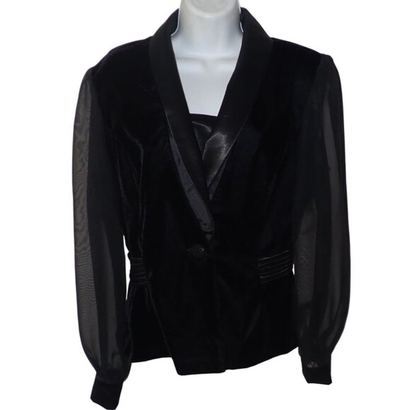 Vintage R & K Evening Sz 8 Black Velvet Sheer Long Sleeve Jacket Elegant 90's - Picture 3 of 14